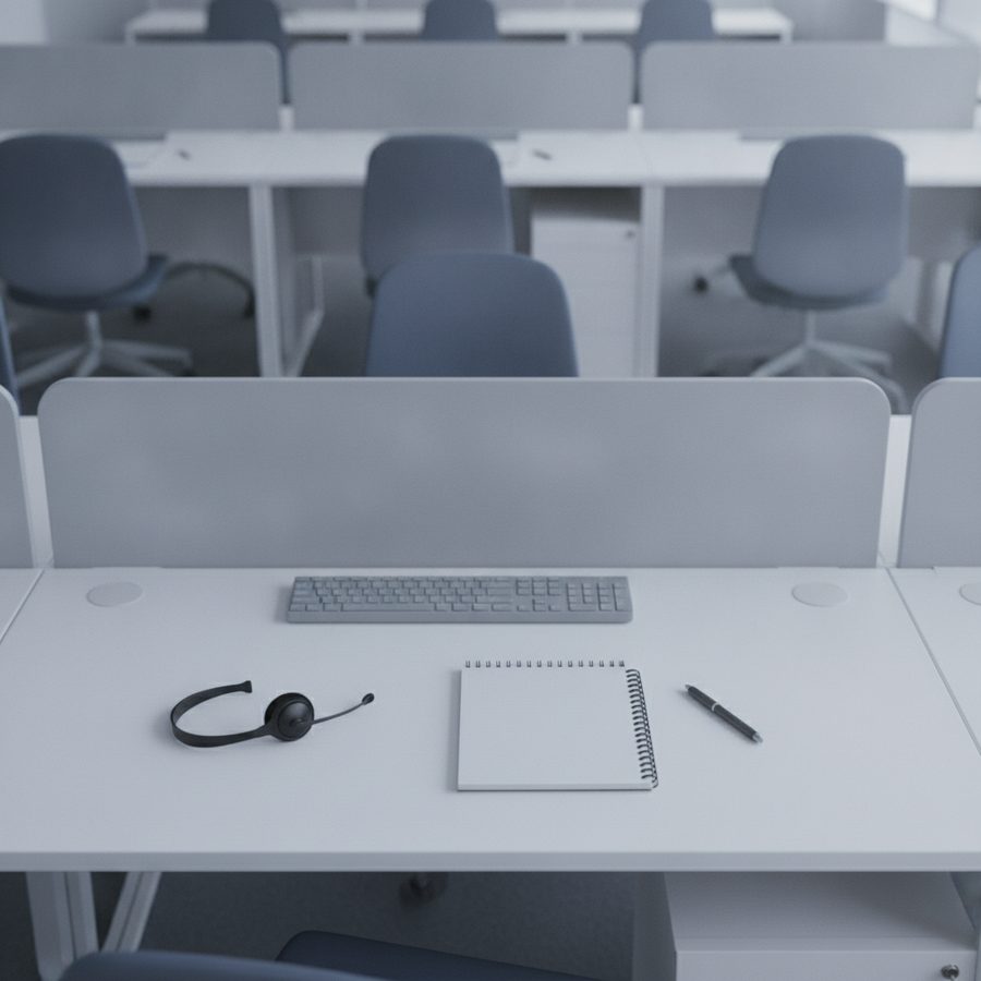 Empty call centre desk with a telephone headset