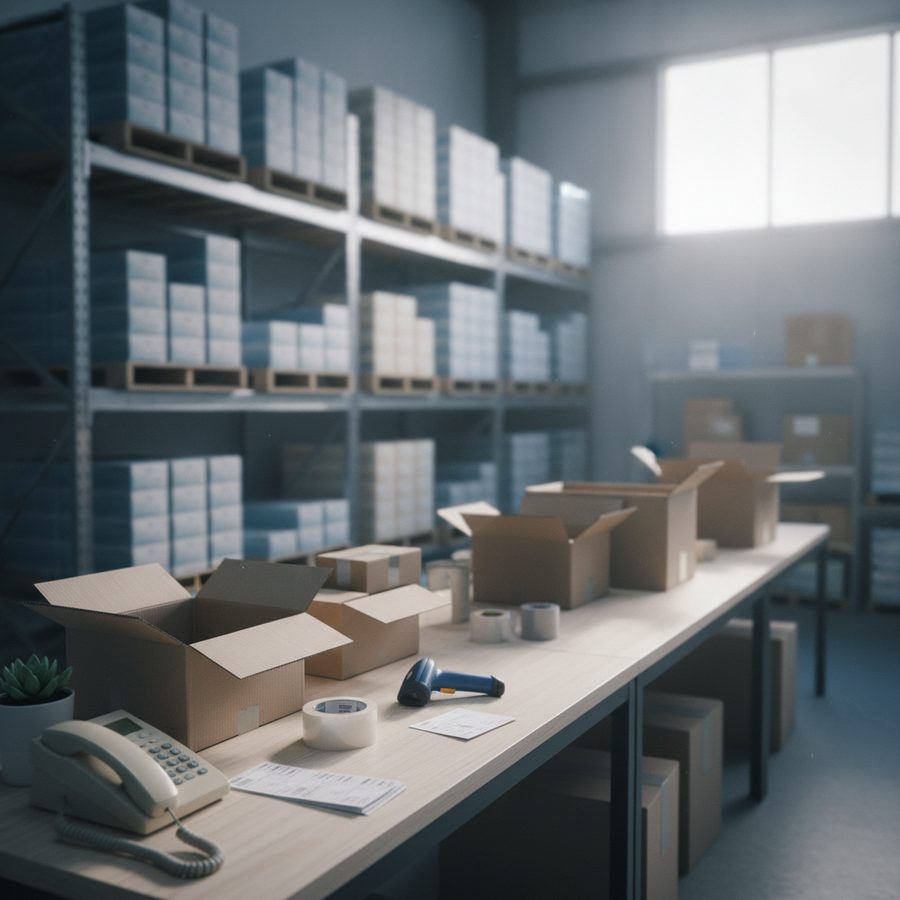 Packed orders ready for dispatch with automatically generated consignment documentation