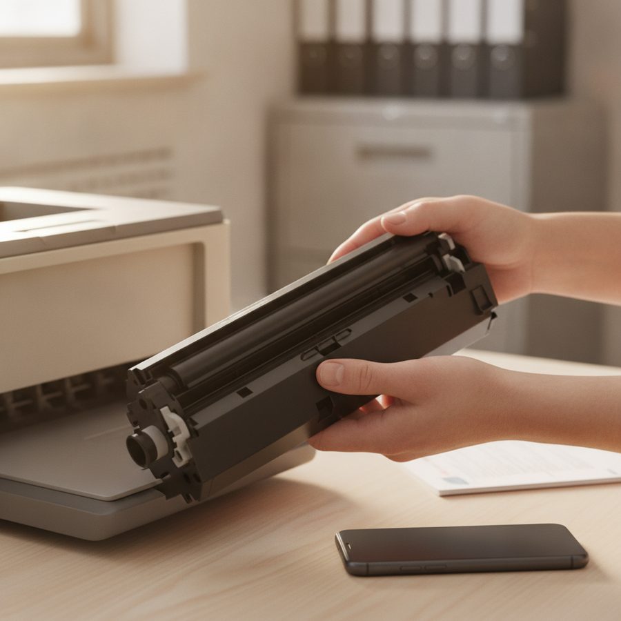 Hands holding an empty printer toner cartridge next to an office printer