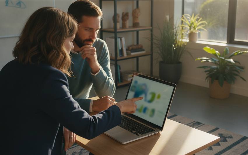 A small New Zealand office team reviewing an AI-drafted report on a laptop before sending