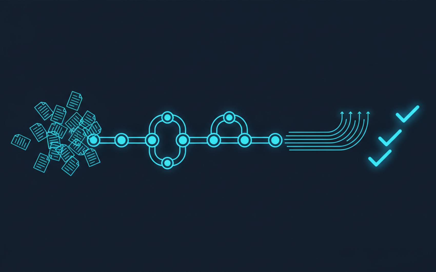 Illustration of scattered paperwork flowing through an automation pipeline into completed tasks