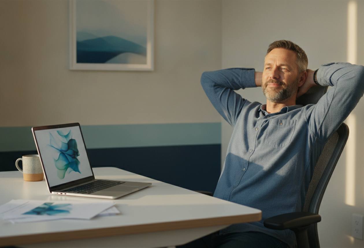 A New Zealand small business owner relaxing at their desk after AI drafted a business report for them