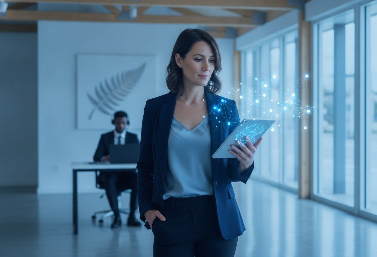 New Zealand business owner using AI on a laptop and phone