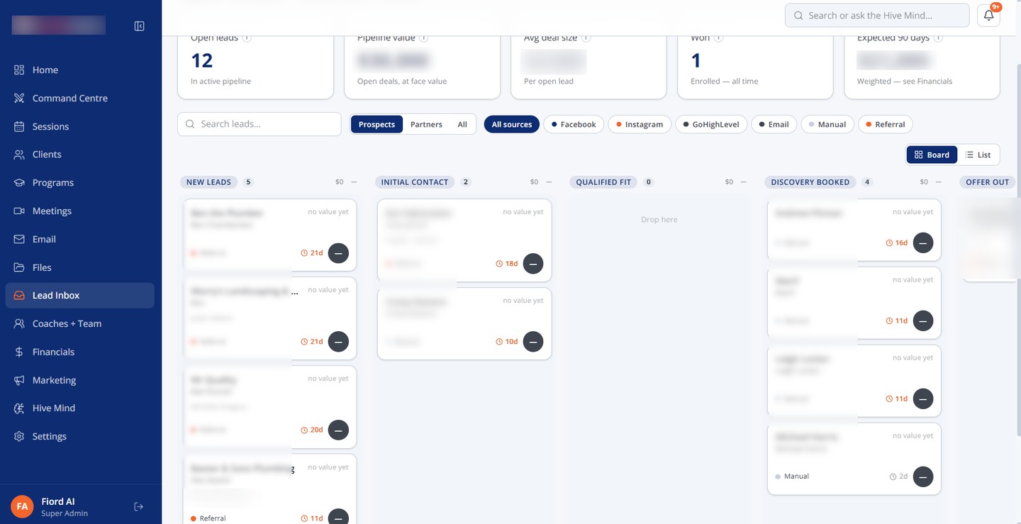 The lead inbox and command centre, with every lead captured and tracked to close