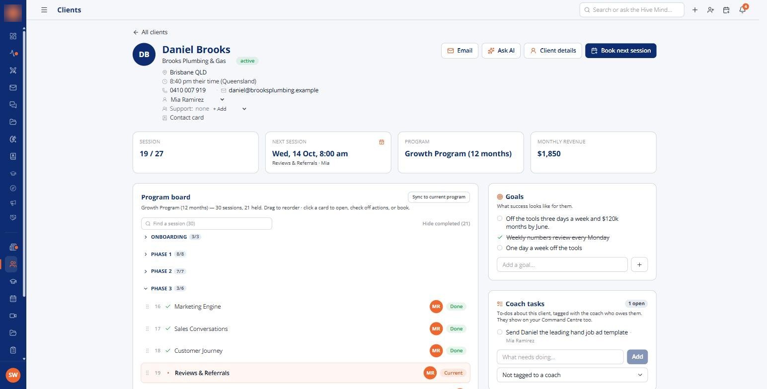 A client record with program board, goals and coach tasks
