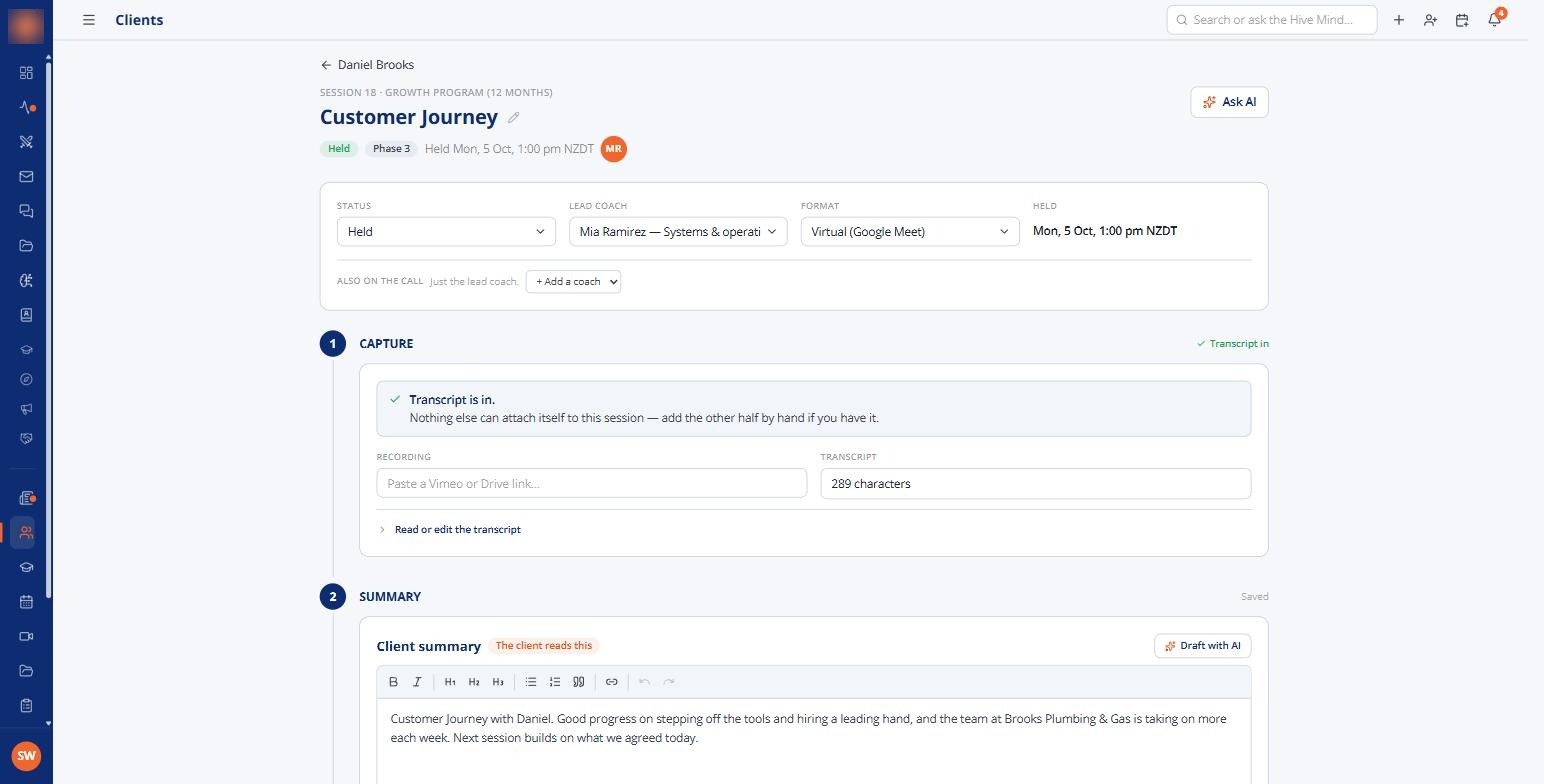 A held session being closed out: capture, summary, actions, send