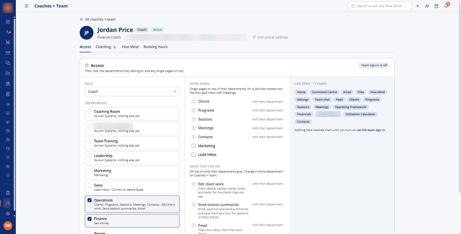 One coach’s access settings: role, departments and pages