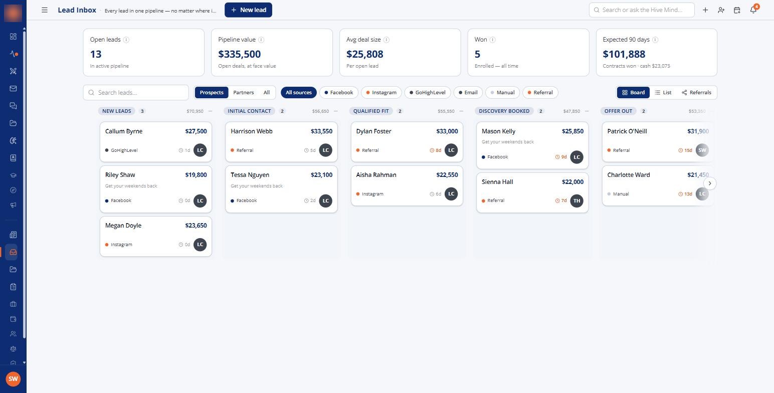 The lead inbox as a pipeline board with values and sources