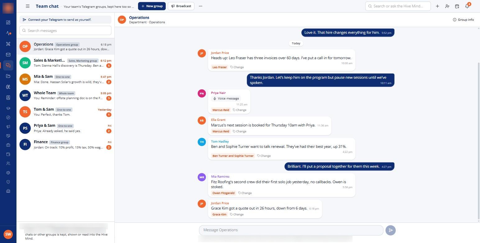 A team chat group with client tags on each message