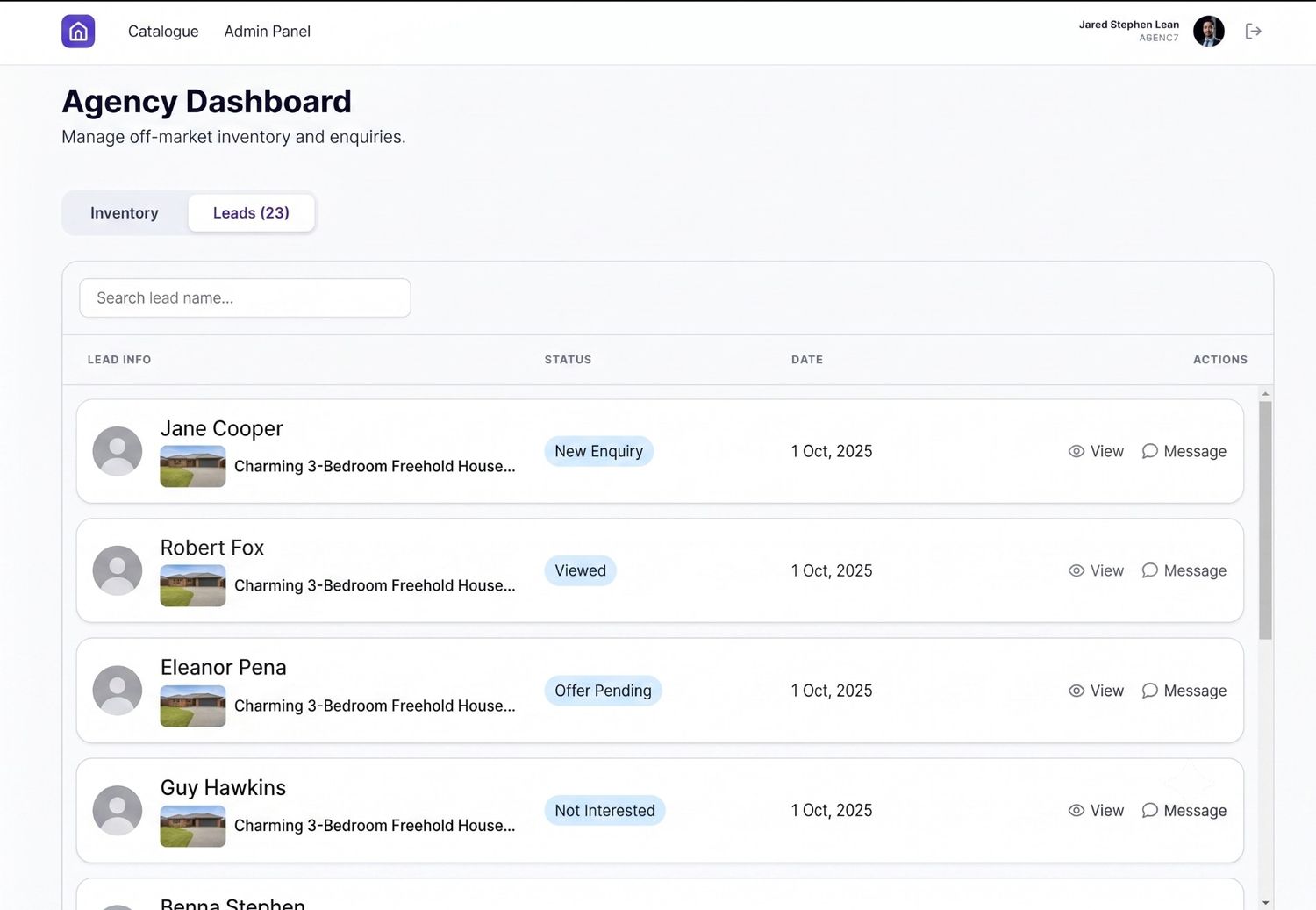 Buyer enquiries tracked against each property in the portal admin panel