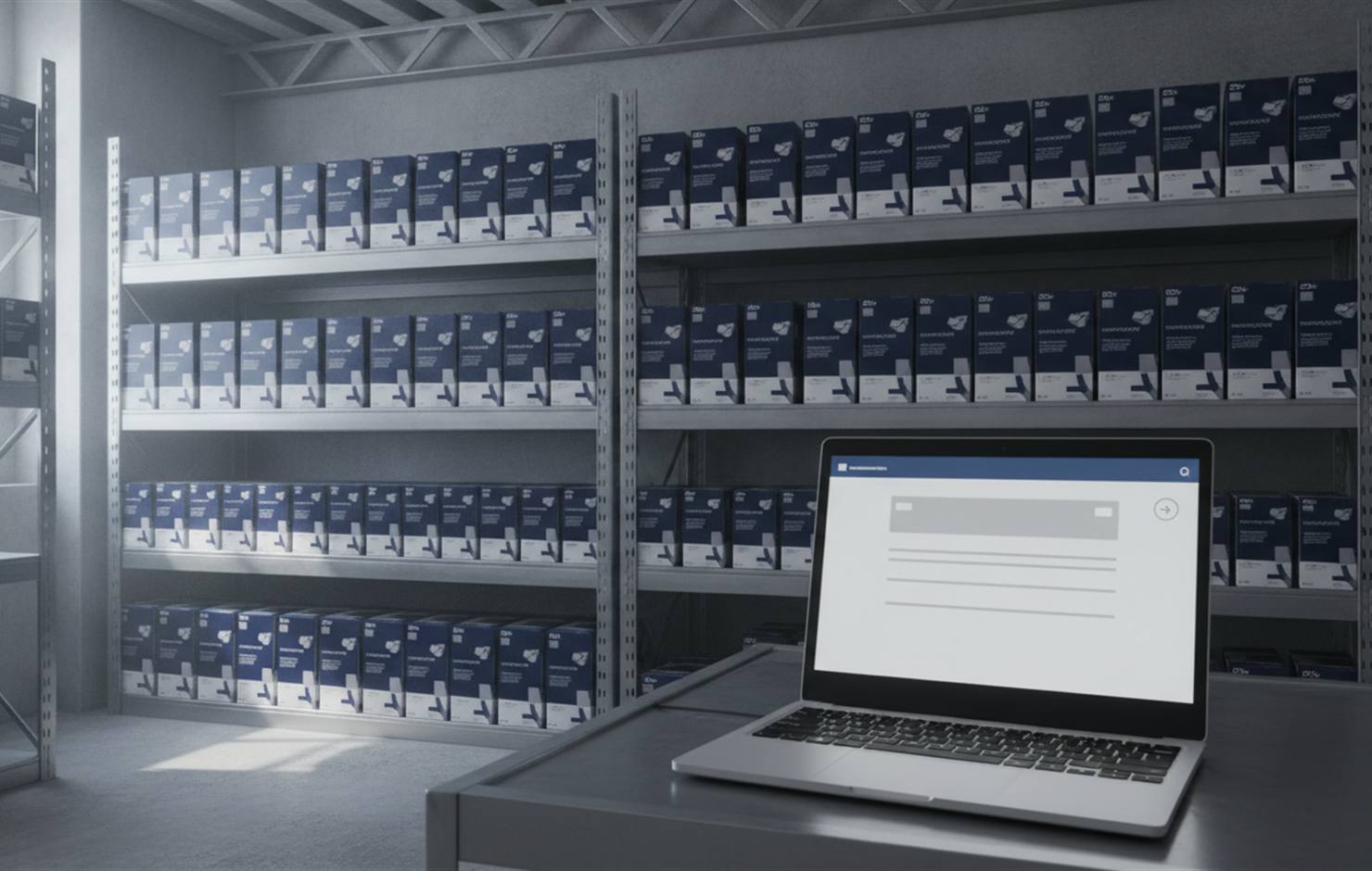 Printer toner shelf with a laptop showing an automated email dashboard