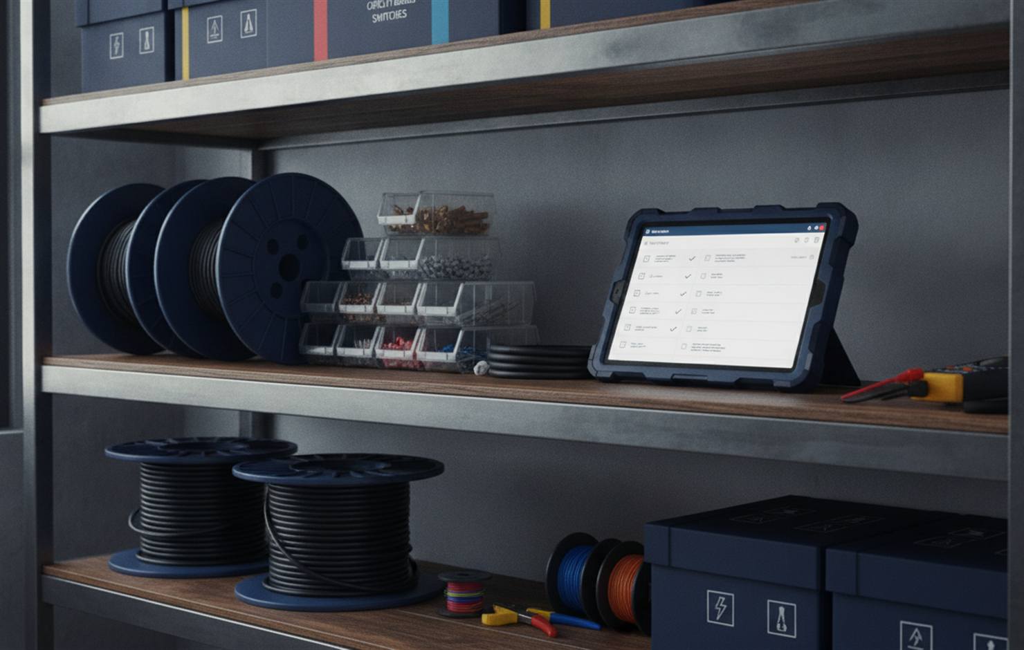 Organized electrical workshop shelf with a tablet showing an inventory checklist