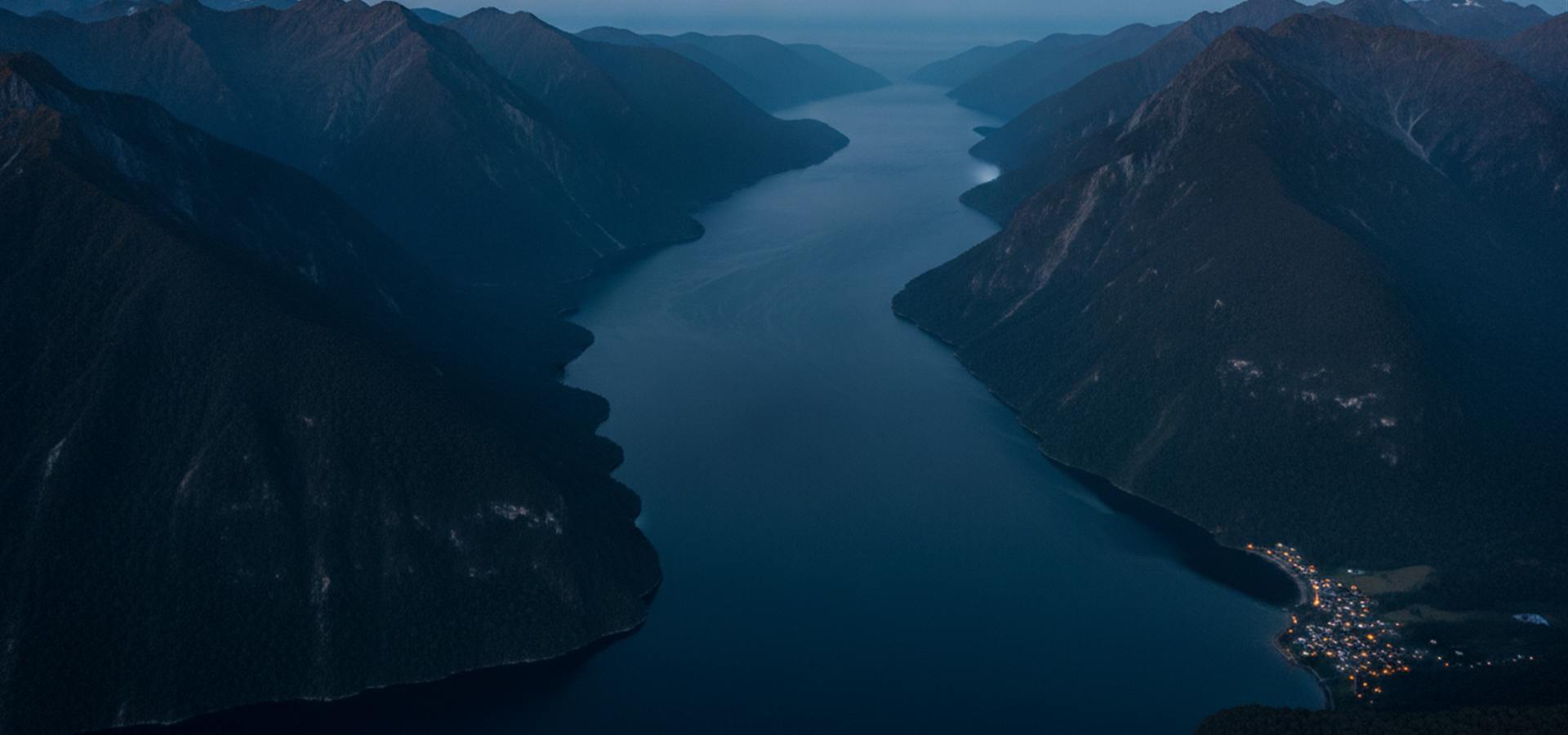 Aerial view of a New Zealand fiord at dusk